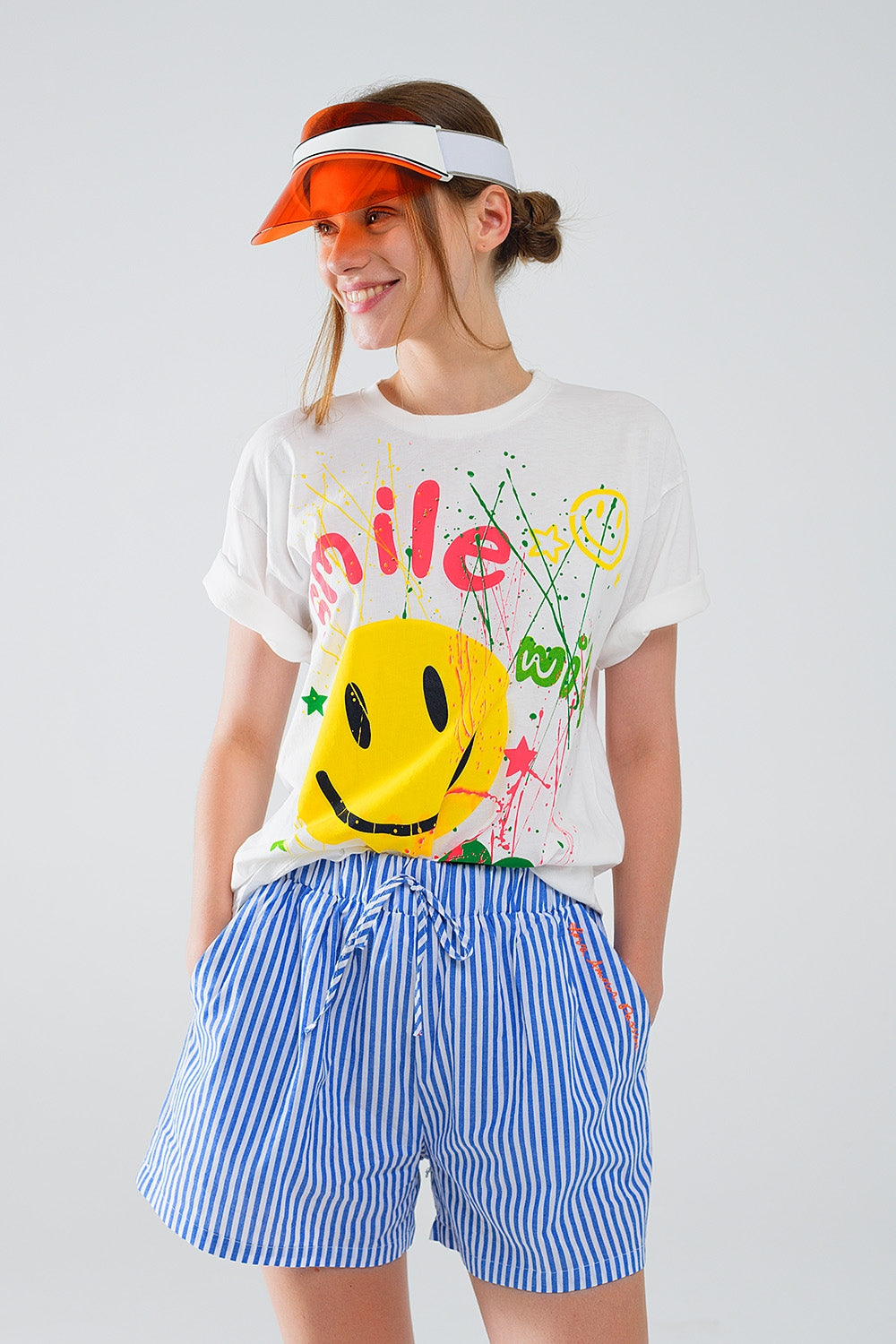 Graphic Smile with me Text T-Shirt in White Q2 Tops BoutiqueLua