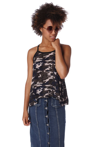 Gray camo print dip hem top