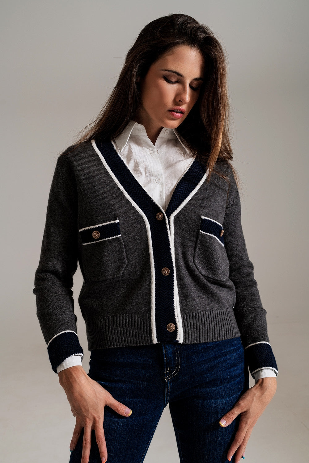Gray cardigan with pockets and channel style Q2 Sweaters BoutiqueLua