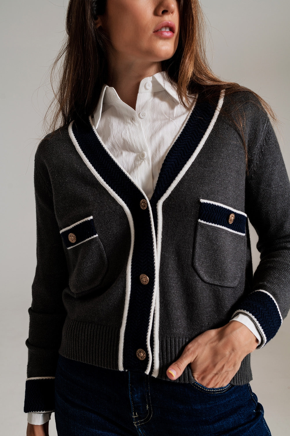 Gray cardigan with pockets and channel style Q2 Sweaters BoutiqueLua