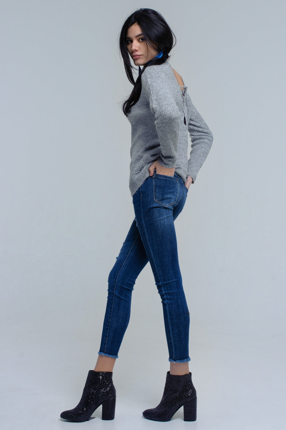 Gray knitted sweater with tie-back closure - Jumpers