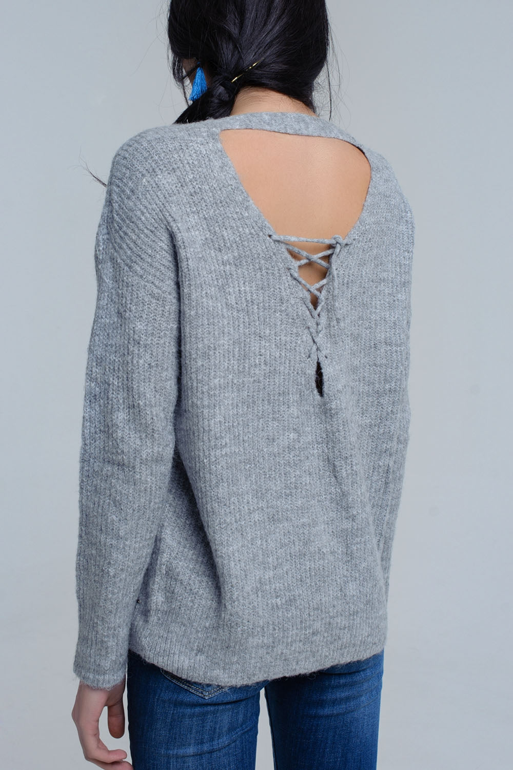Gray knitted sweater with tie-back closure - Jumpers