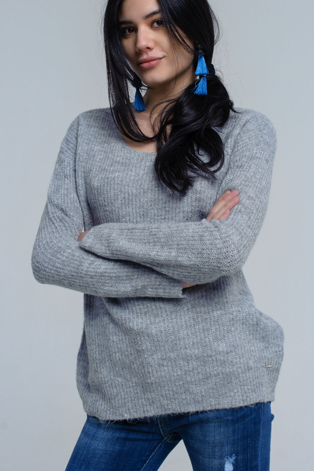 Gray knitted sweater with tie-back closure - Jumpers