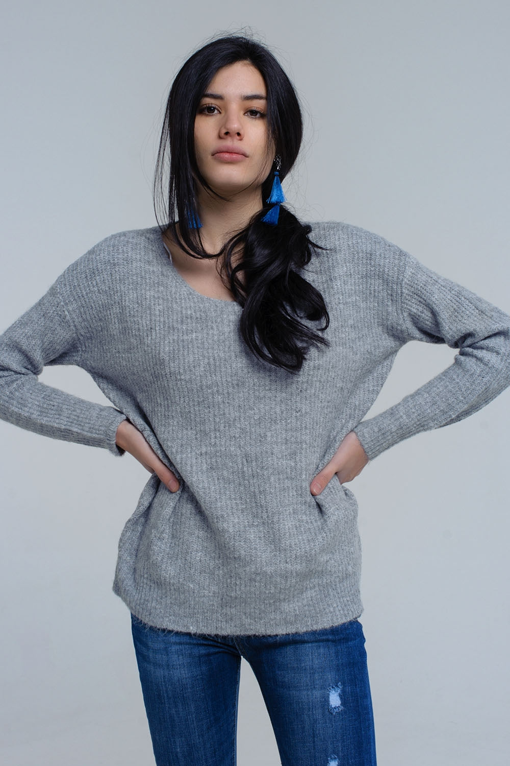 Gray knitted sweater with tie-back closure - Jumpers