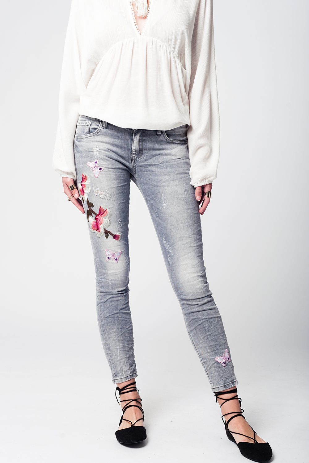 Gray slim denim embroidered jeans - Jeans