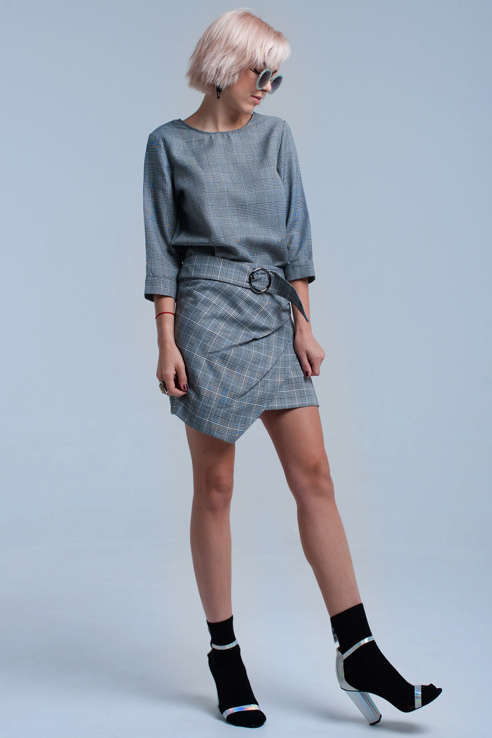 Gray tartan pattern top with ribbons - Tops