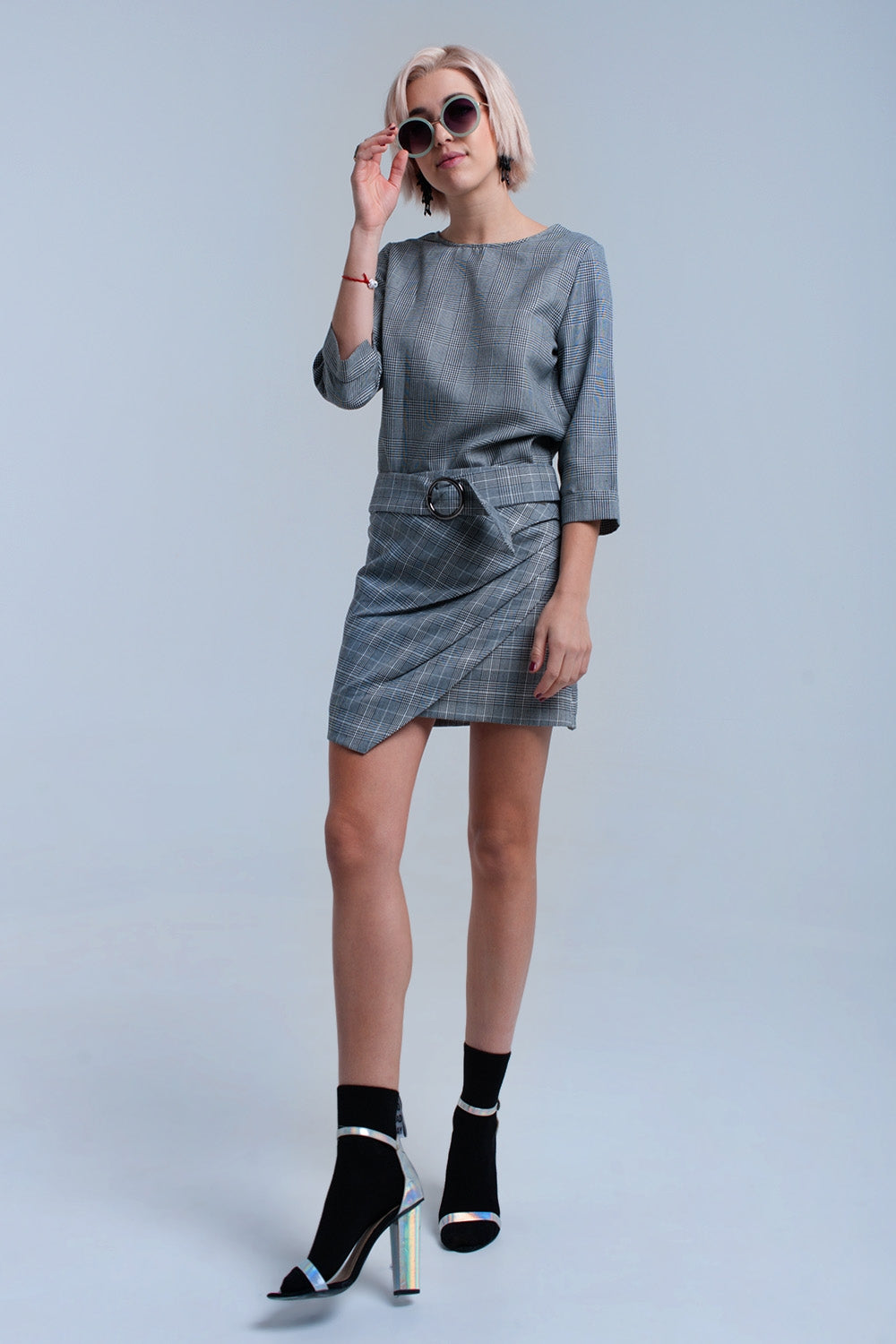 Gray tartan pattern top with ribbons - Tops