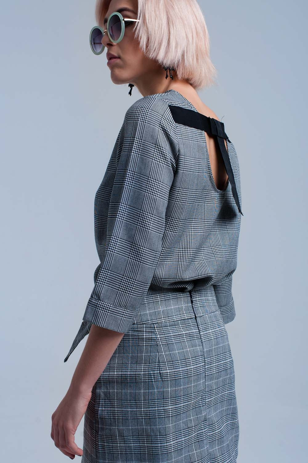 Gray tartan pattern top with ribbons - Tops