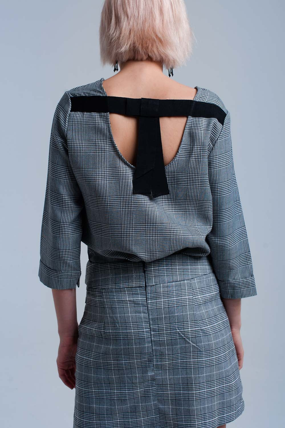 Gray tartan pattern top with ribbons - Tops