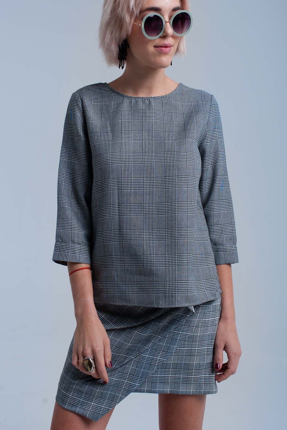 Gray tartan pattern top with ribbons - Tops