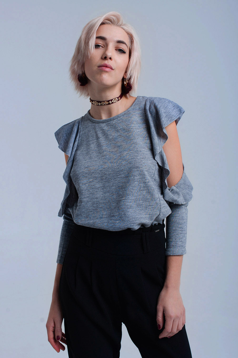 Gray top with ruffle and open detail - Tops