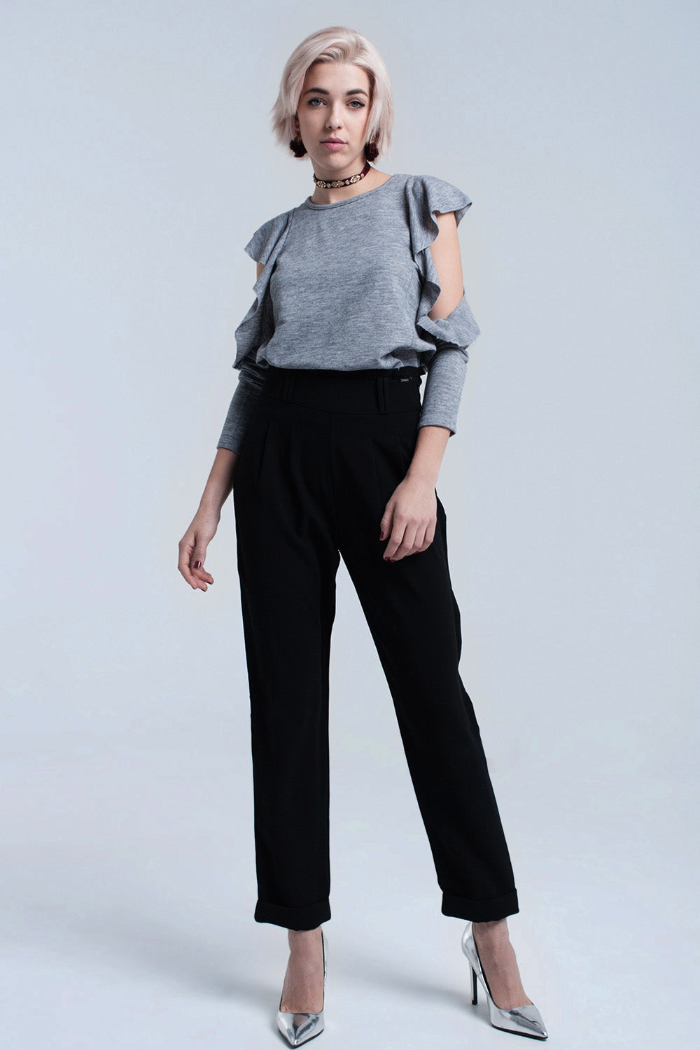Gray top with ruffle and open detail - Tops