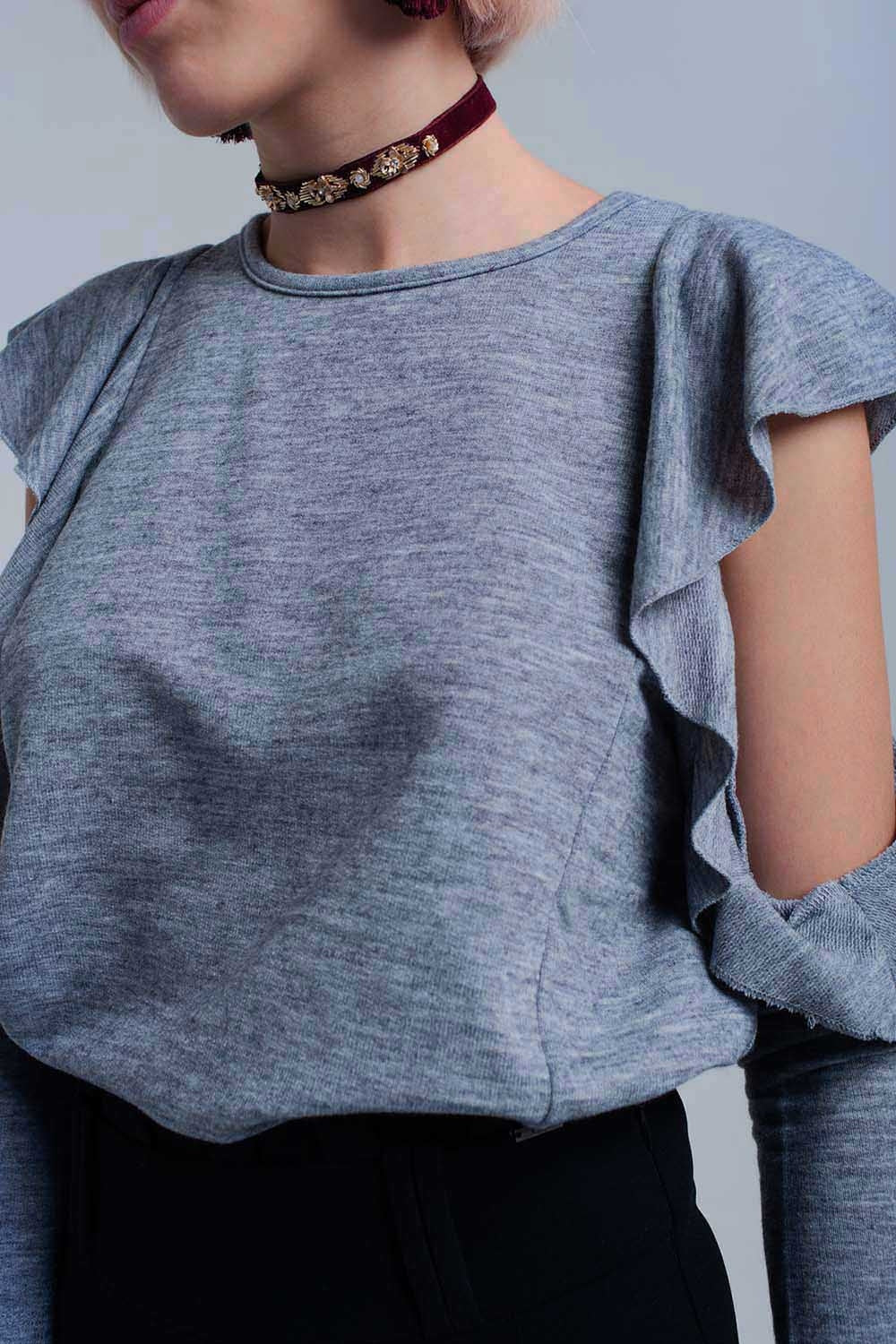 Gray top with ruffle and open detail - Tops
