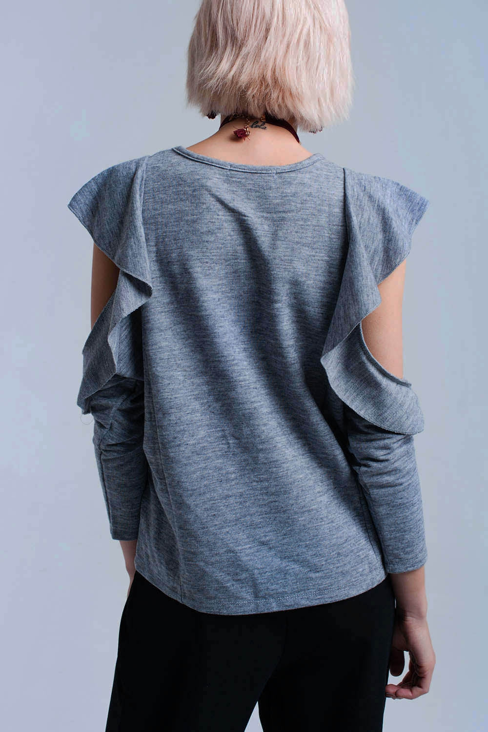 Gray top with ruffle and open detail - Tops