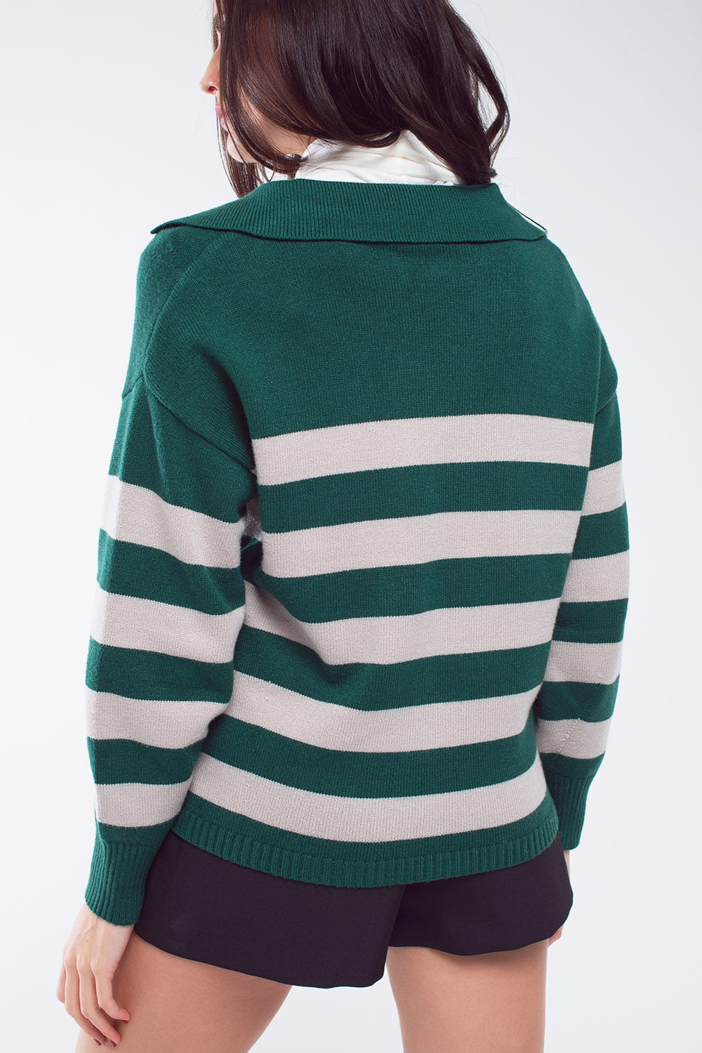 Green and white striped sweater with V neck and polo collar Q2 Sweaters BoutiqueLua