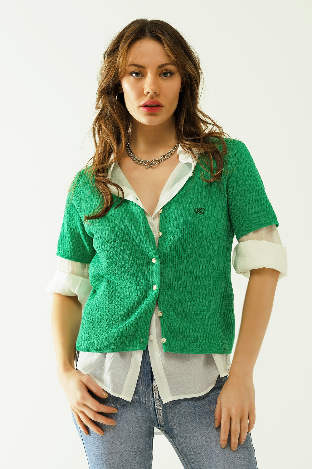 Green cardigan with short sleeves and front closure with button - Cardigans
