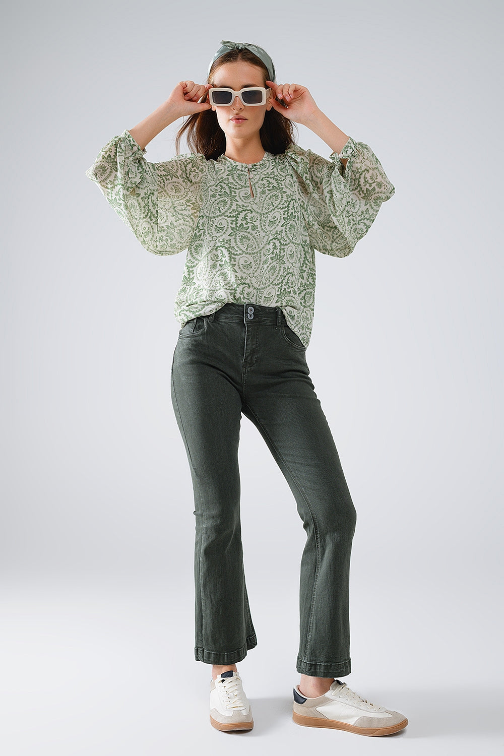 Green chiffon Blouse With Floral Print And Long Balloon Sleeves - Shirts