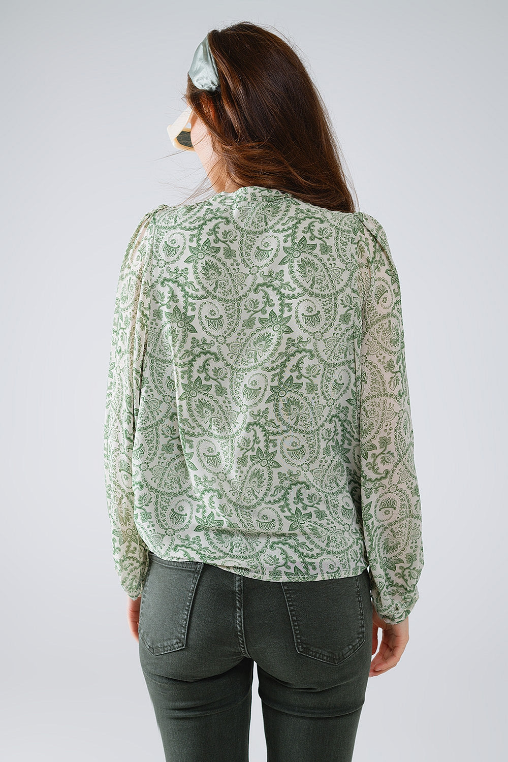 Green chiffon Blouse With Floral Print And Long Balloon Sleeves - Shirts