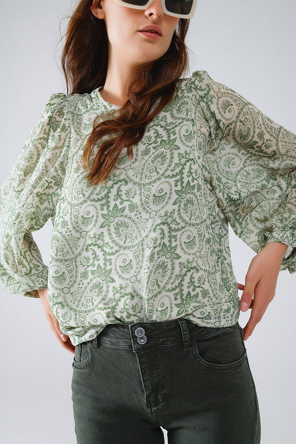 Green chiffon Blouse With Floral Print And Long Balloon Sleeves - Shirts