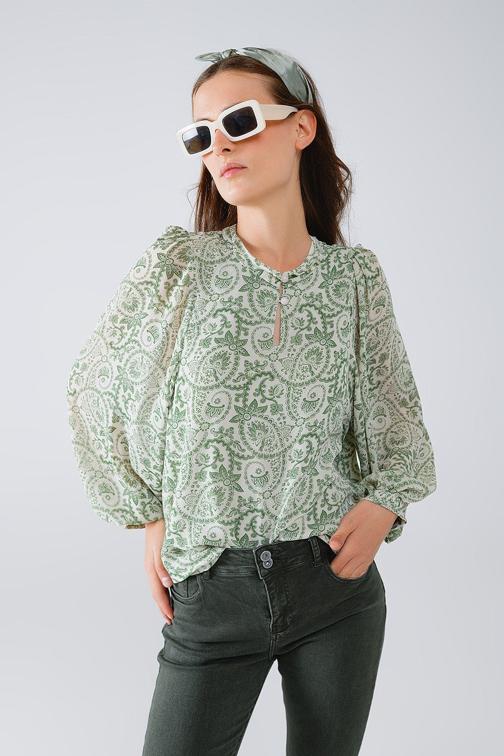 Green chiffon Blouse With Floral Print And Long Balloon Sleeves - Shirts
