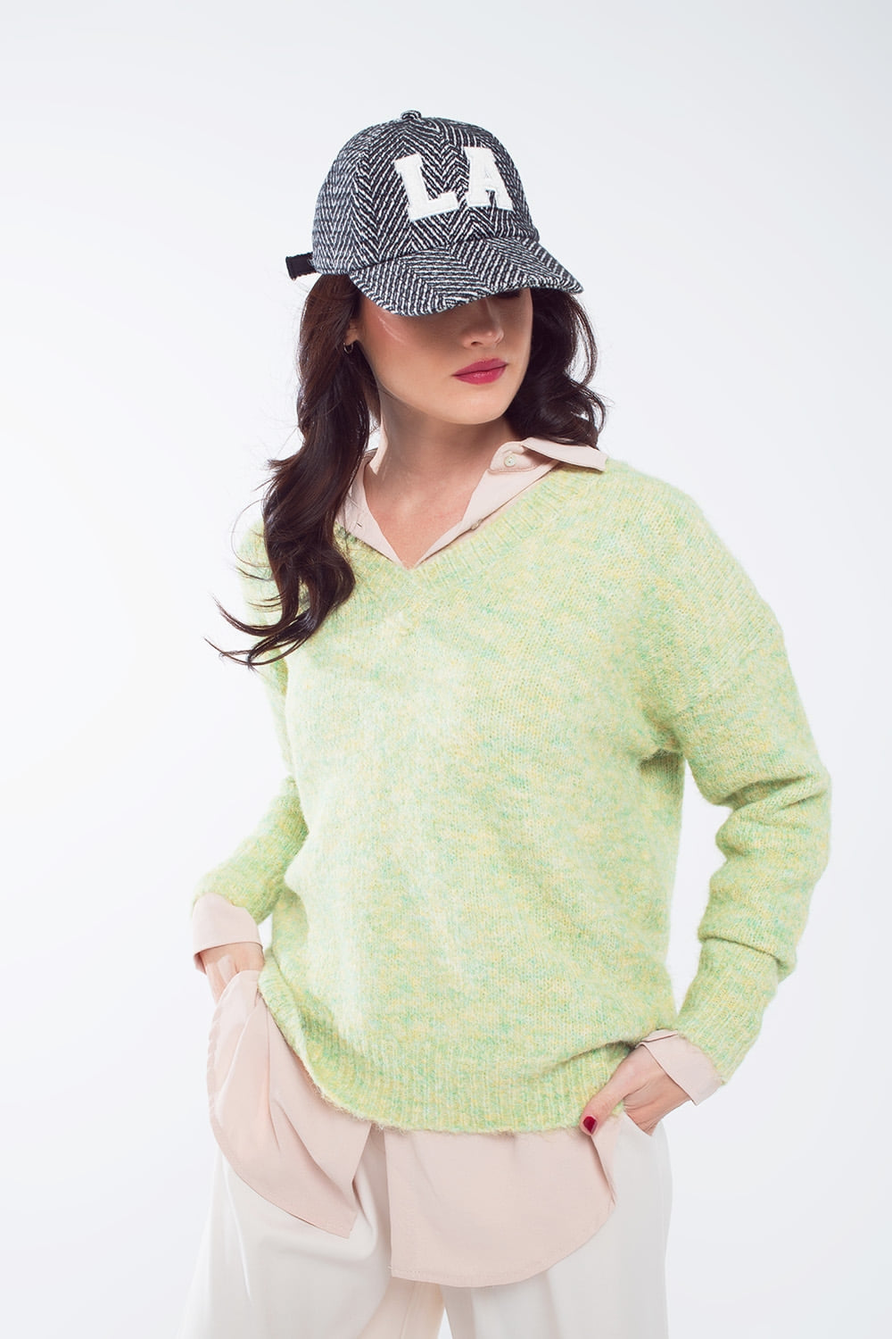 Green fluffy knit sweater with V-neck Q2 Sweaters BoutiqueLua