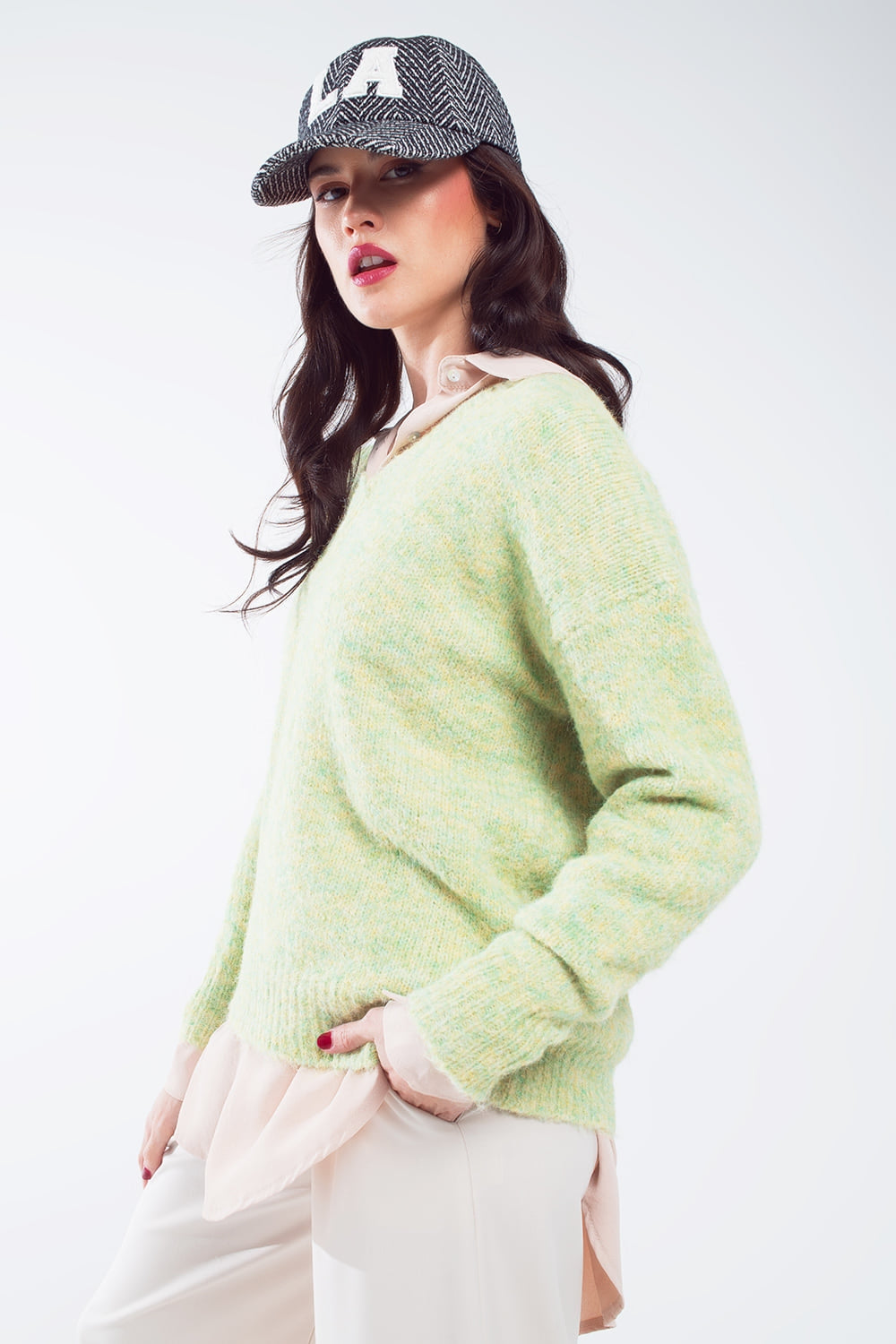 Green fluffy knit sweater with V-neck Q2 Sweaters BoutiqueLua