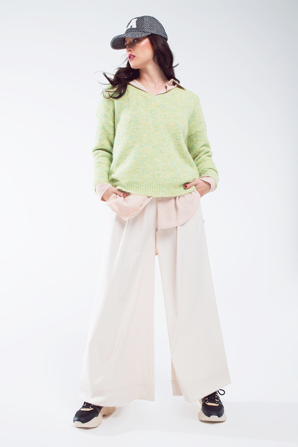 Green fluffy knit sweater with V-neck Q2 Sweaters BoutiqueLua