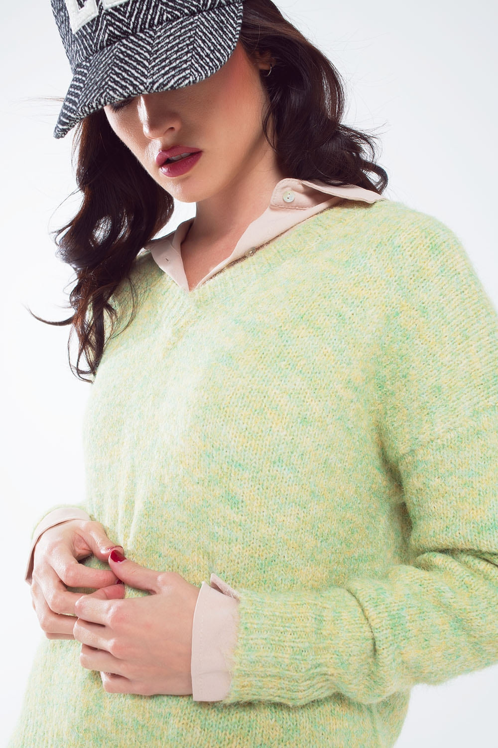Green fluffy knit sweater with V-neck Q2 Sweaters BoutiqueLua