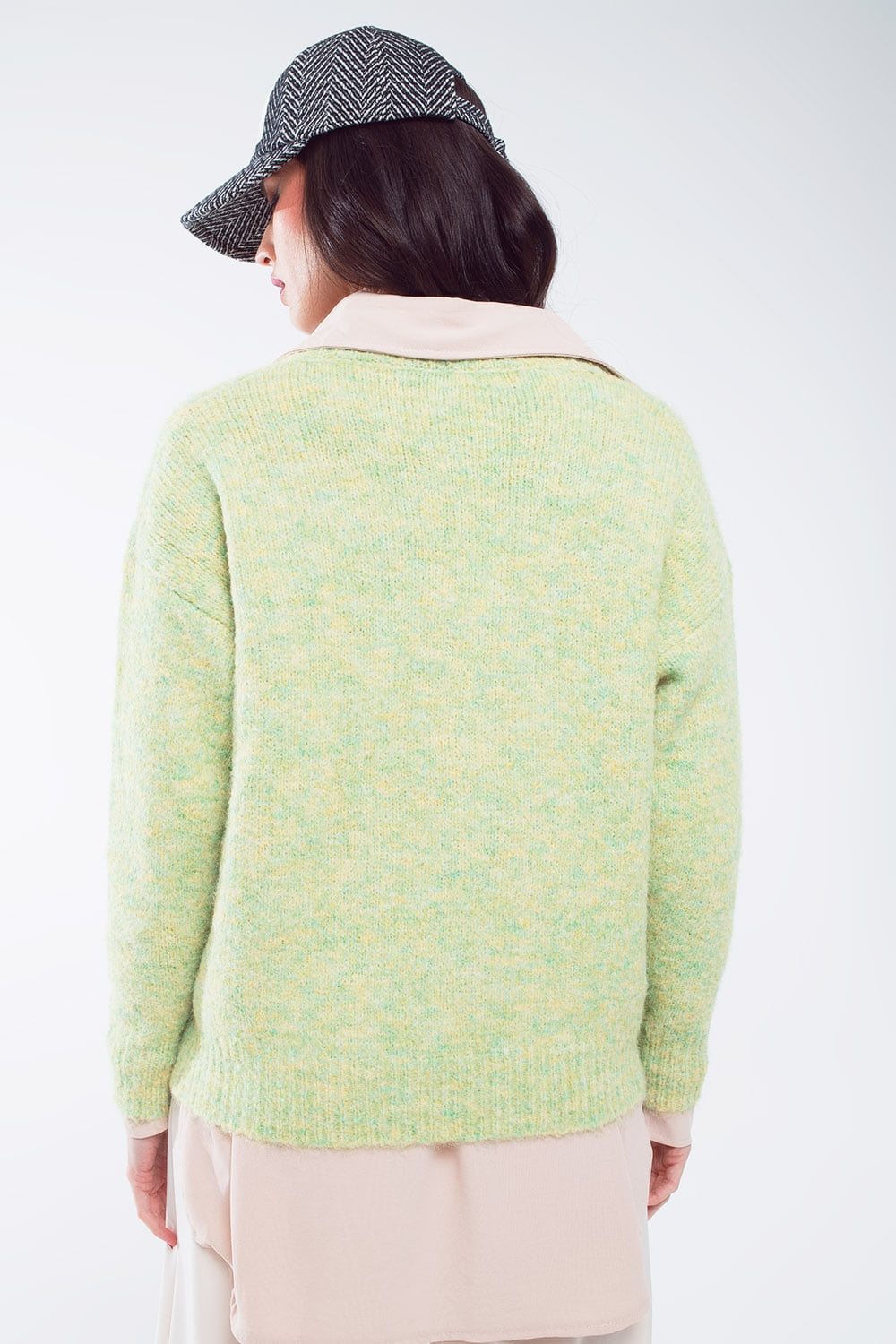 Green fluffy knit sweater with V-neck Q2 Sweaters BoutiqueLua
