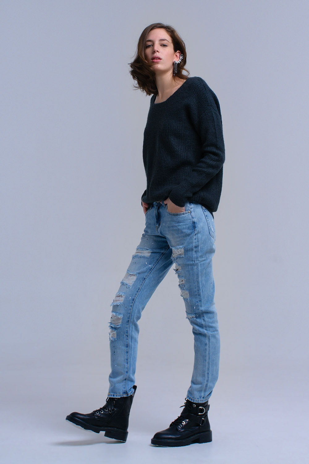 Green knitted sweater with tie-back closure - Jumpers