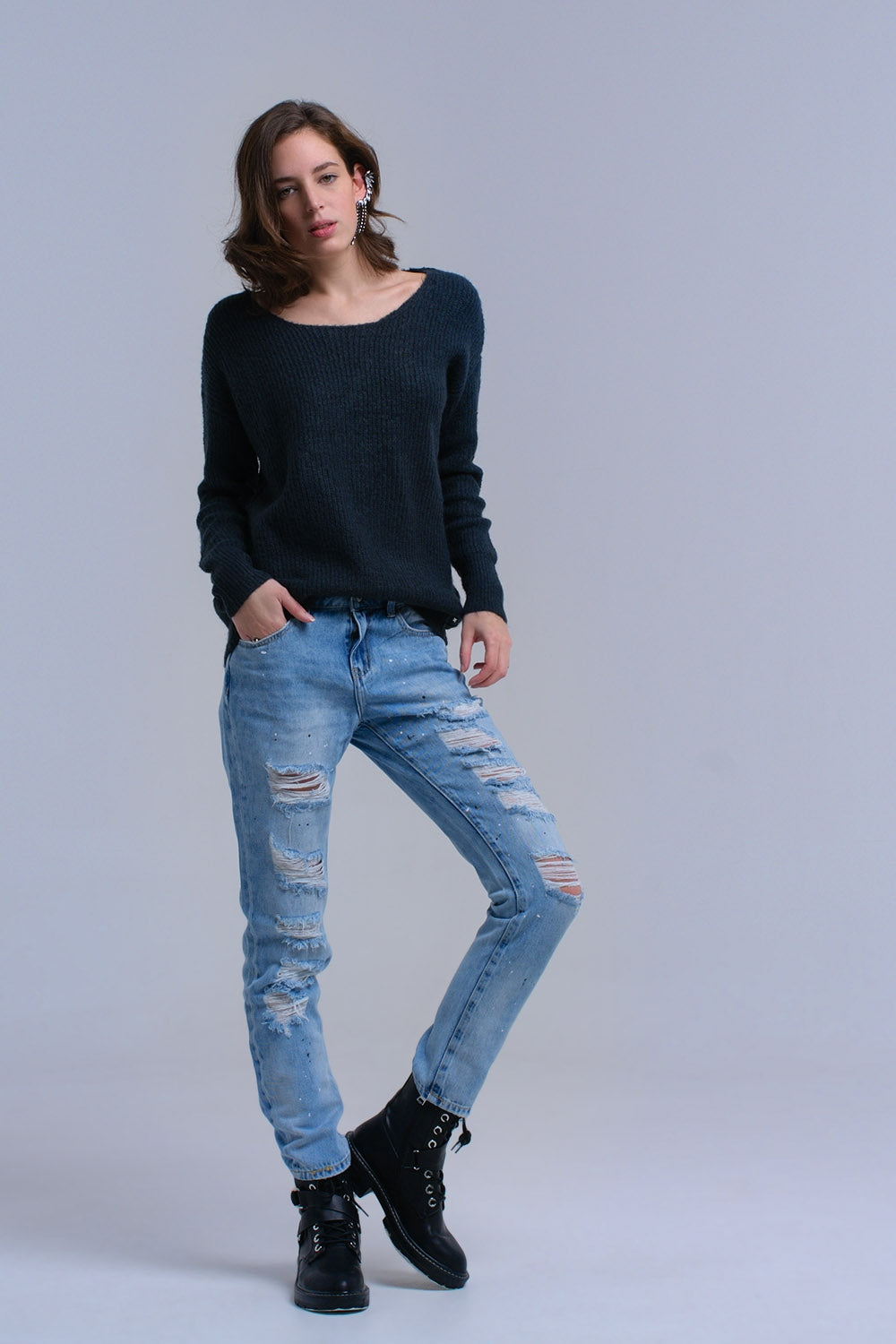 Green knitted sweater with tie-back closure - Jumpers