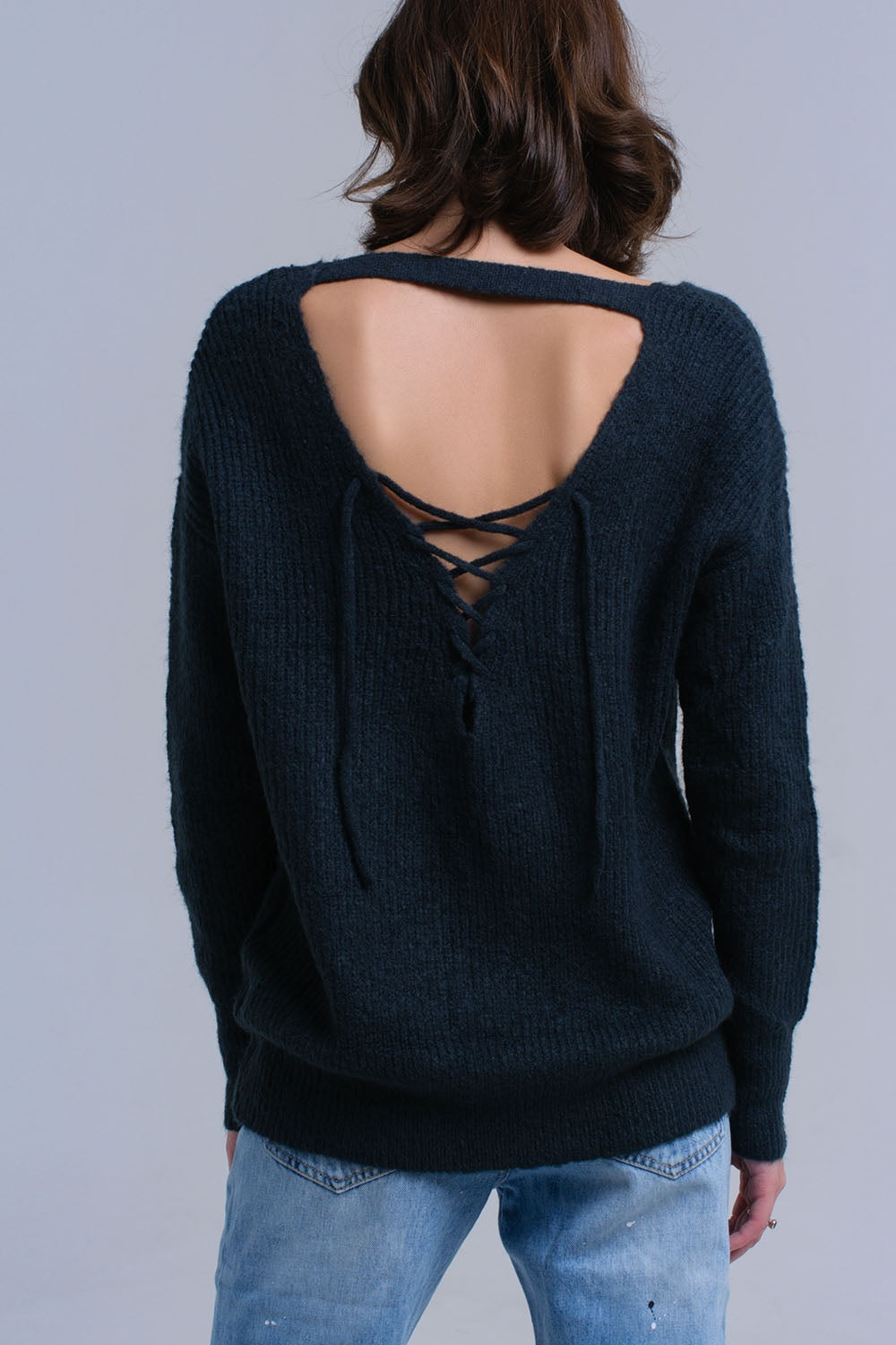 Green knitted sweater with tie-back closure - Jumpers