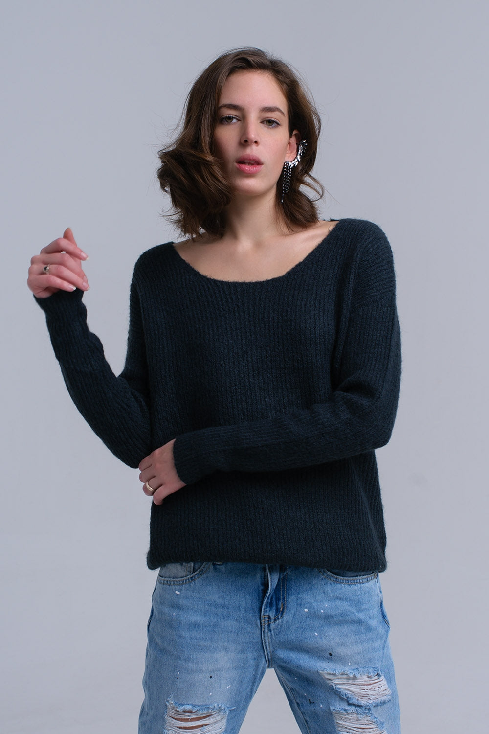 Green knitted sweater with tie-back closure - Jumpers