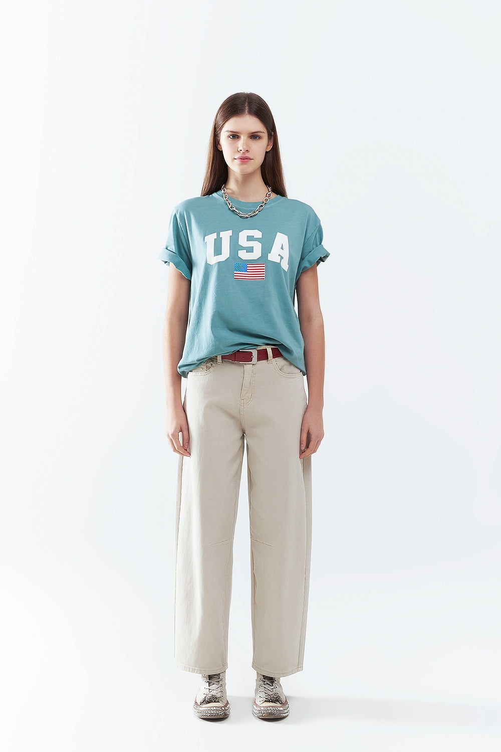 Green loose long t-shirt with USA logo - T-Shirts