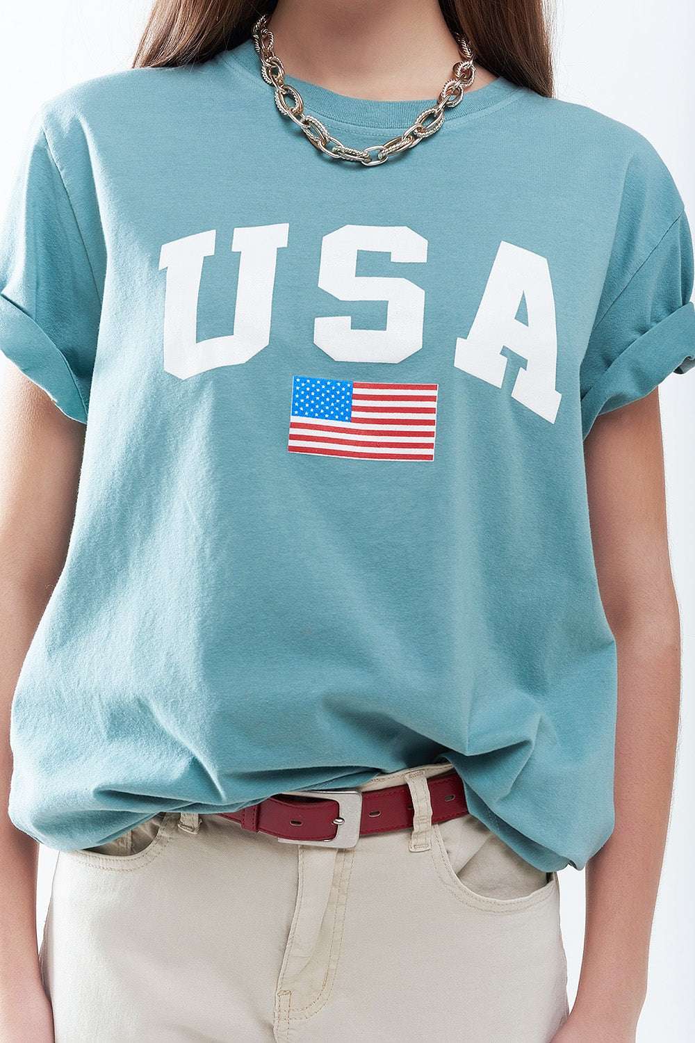 Green loose long t-shirt with USA logo - T-Shirts