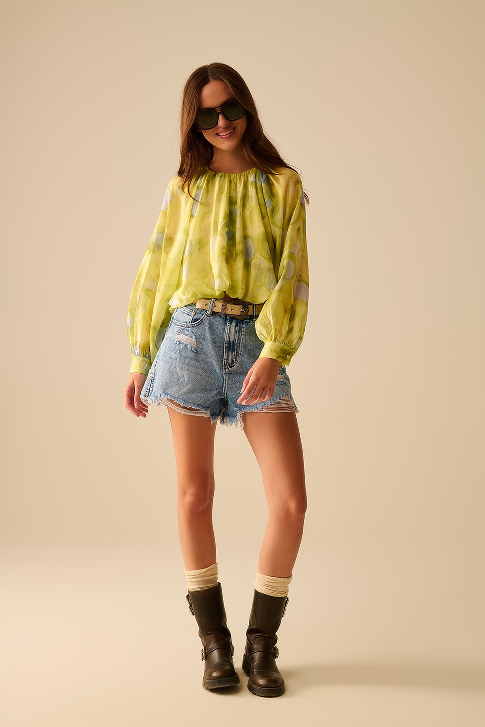 green printed chiffon blouse with balloon sleeves - Blouses