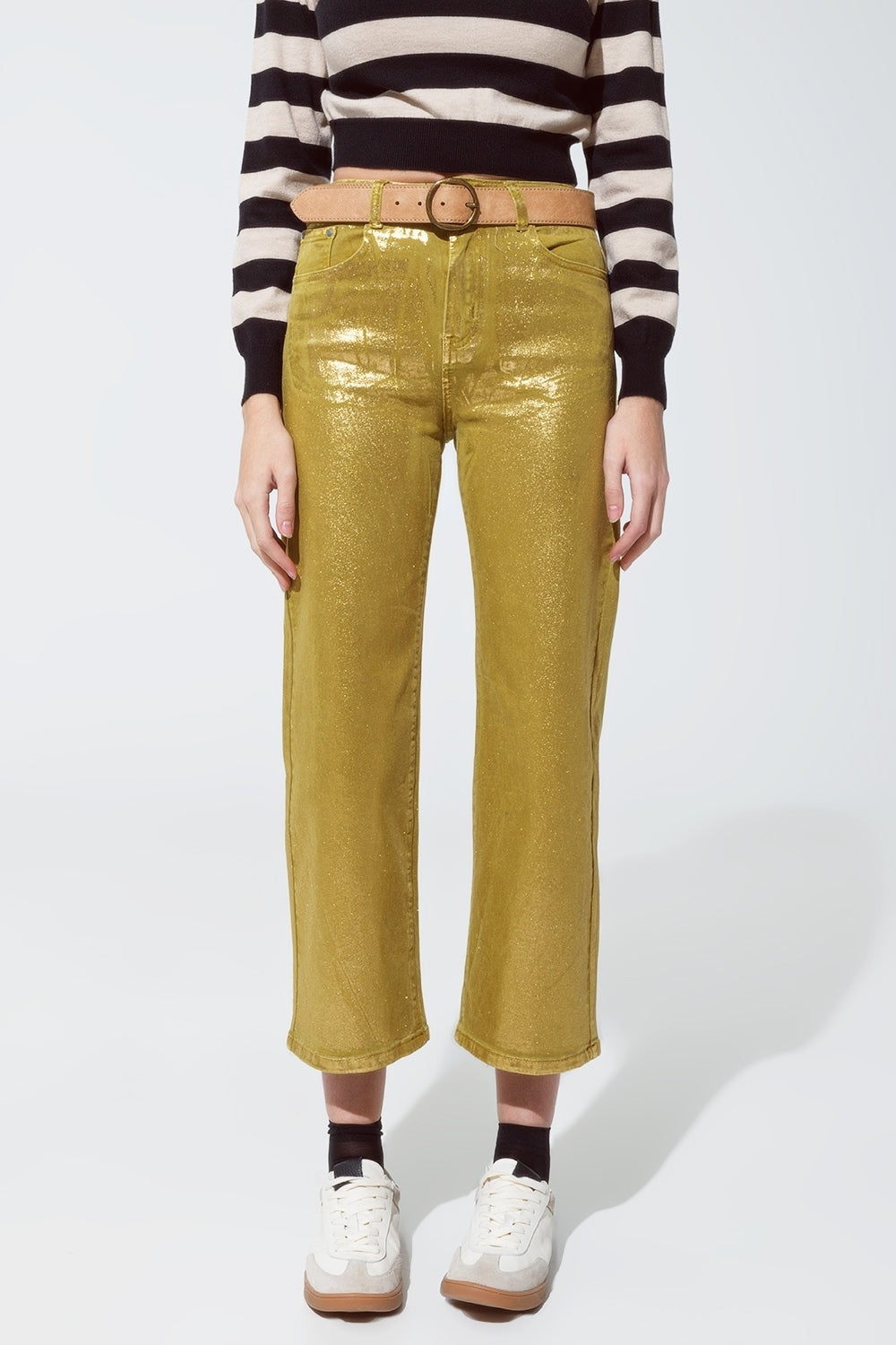 Green straight leg jeans with gold metallic glow - Jeans