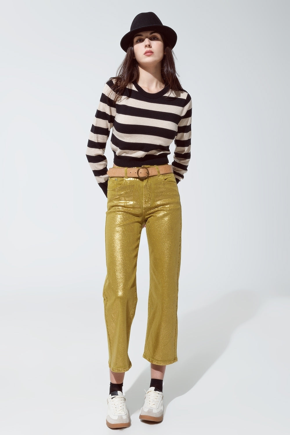 Green straight leg jeans with gold metallic glow - Jeans