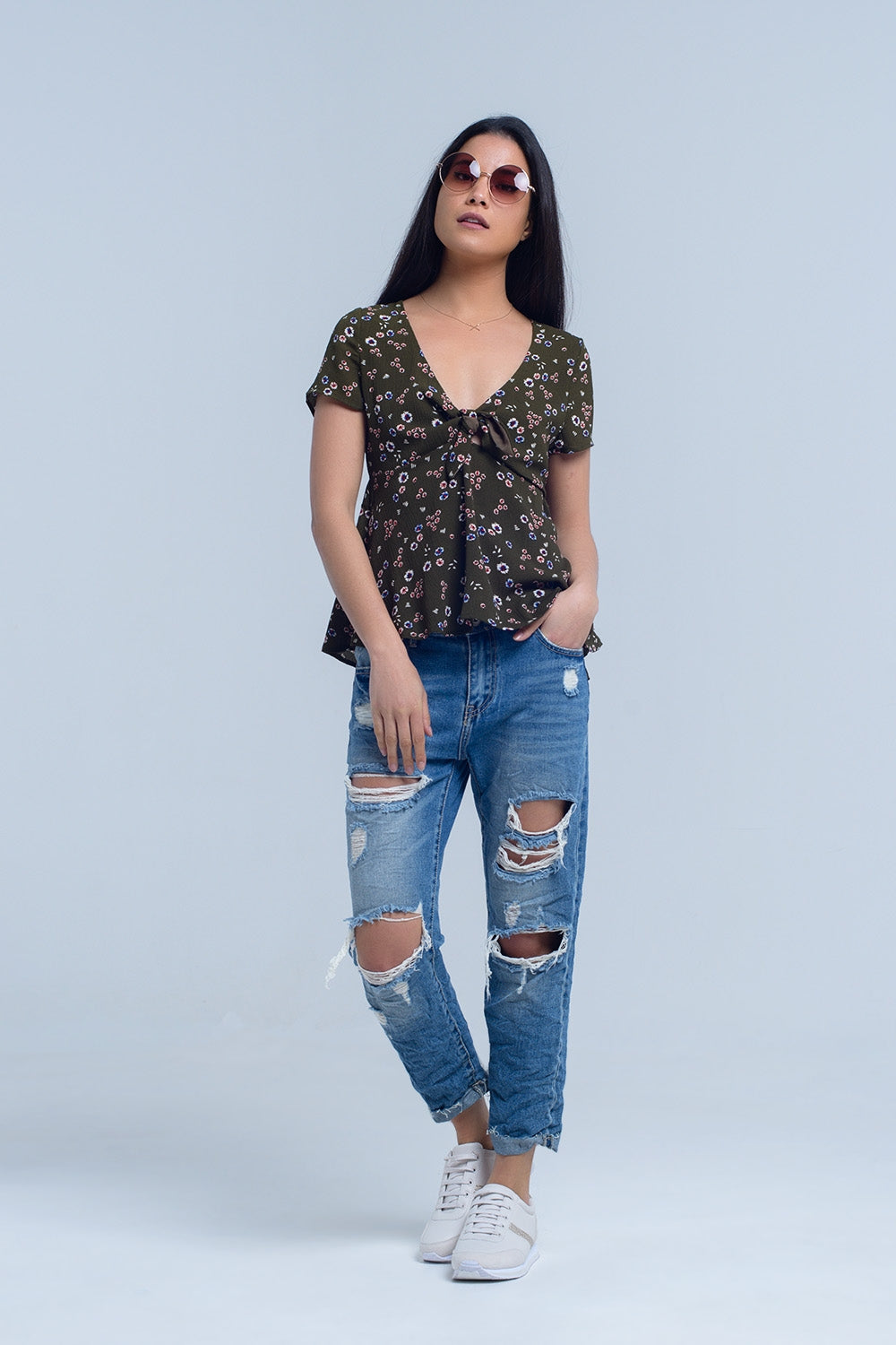 Green top with floral print - Tops