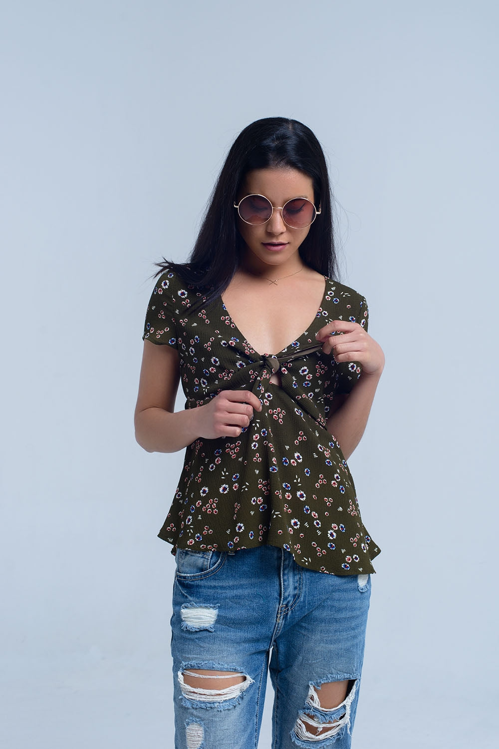 Green top with floral print - Tops