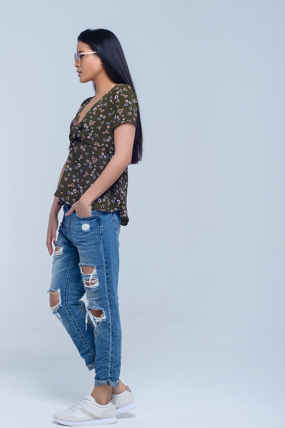 Green top with floral print - Tops
