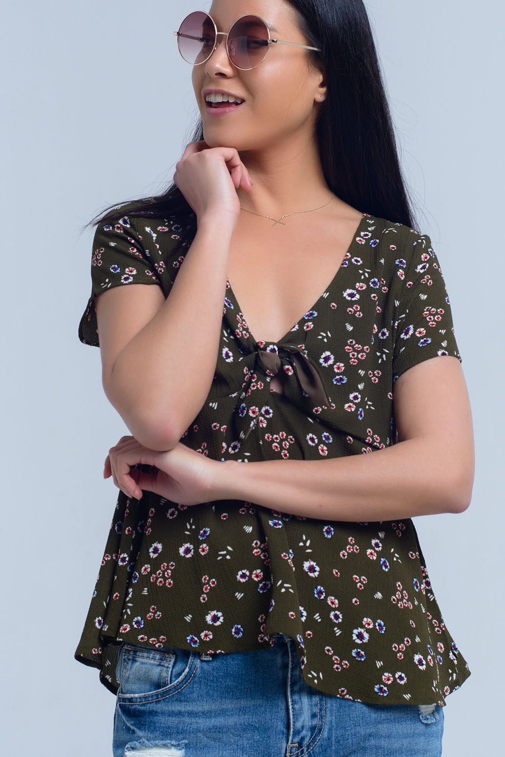 Green top with floral print - Tops