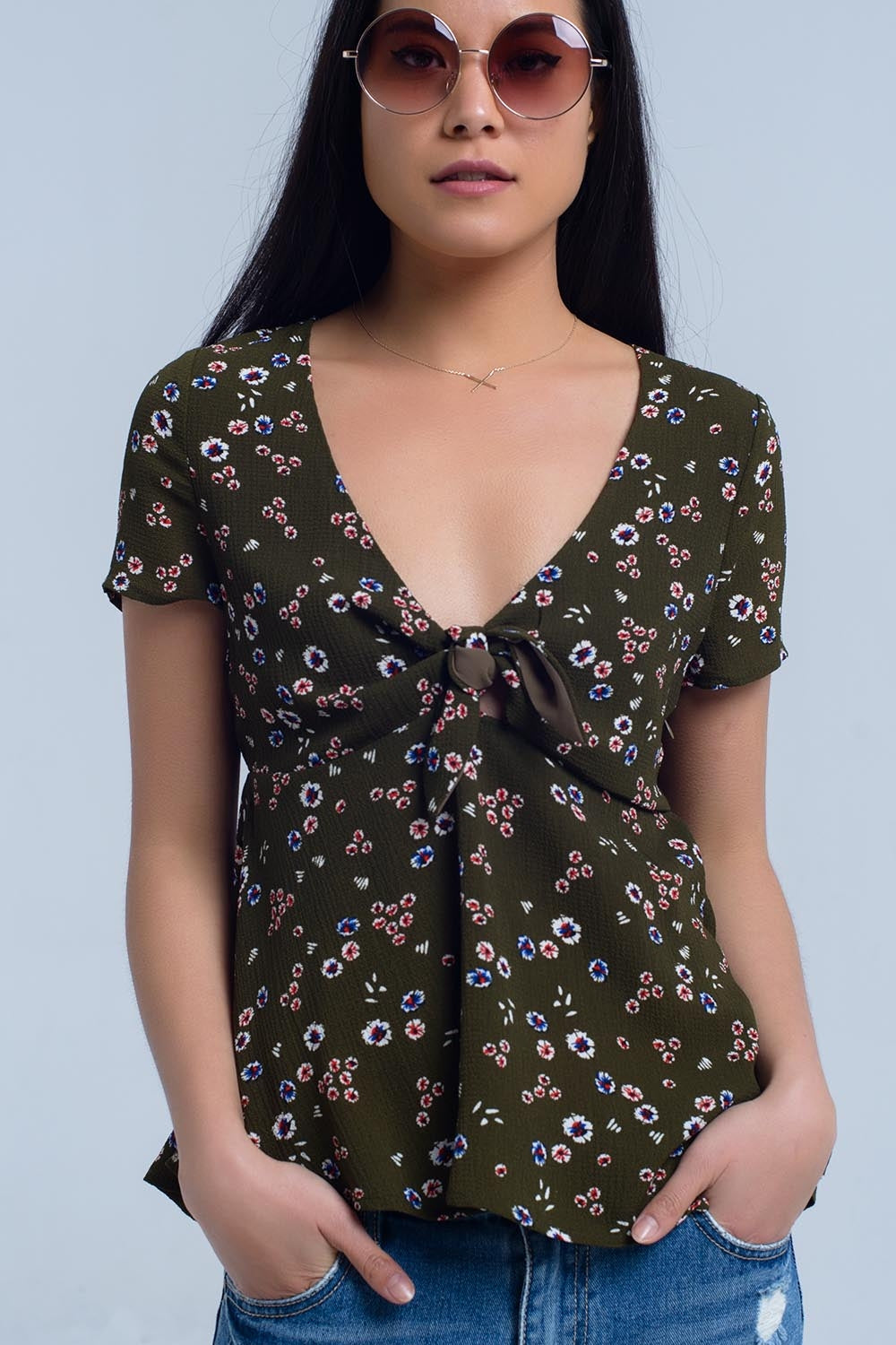 Green top with floral print - Tops