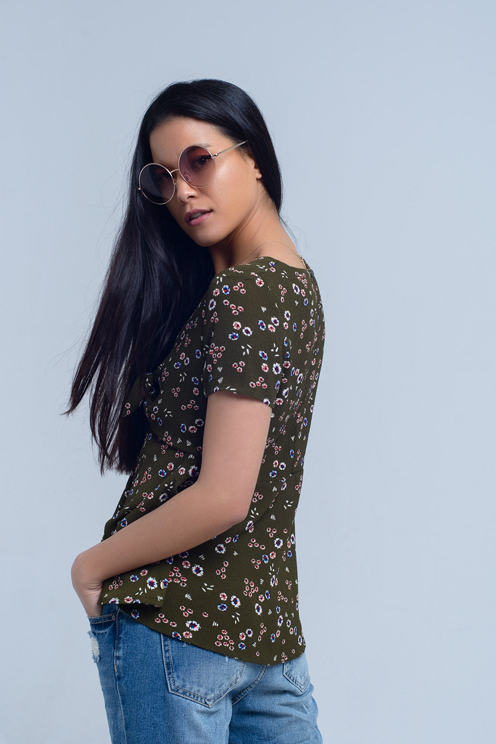 Green top with floral print - Tops
