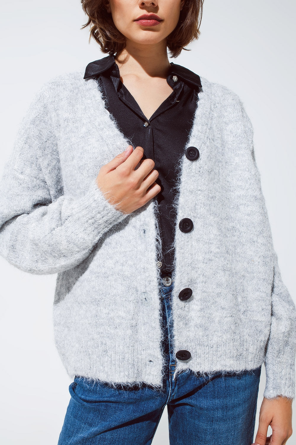 Grey cardigan with a deep V neck with lace detail Q2 Sweaters BoutiqueLua