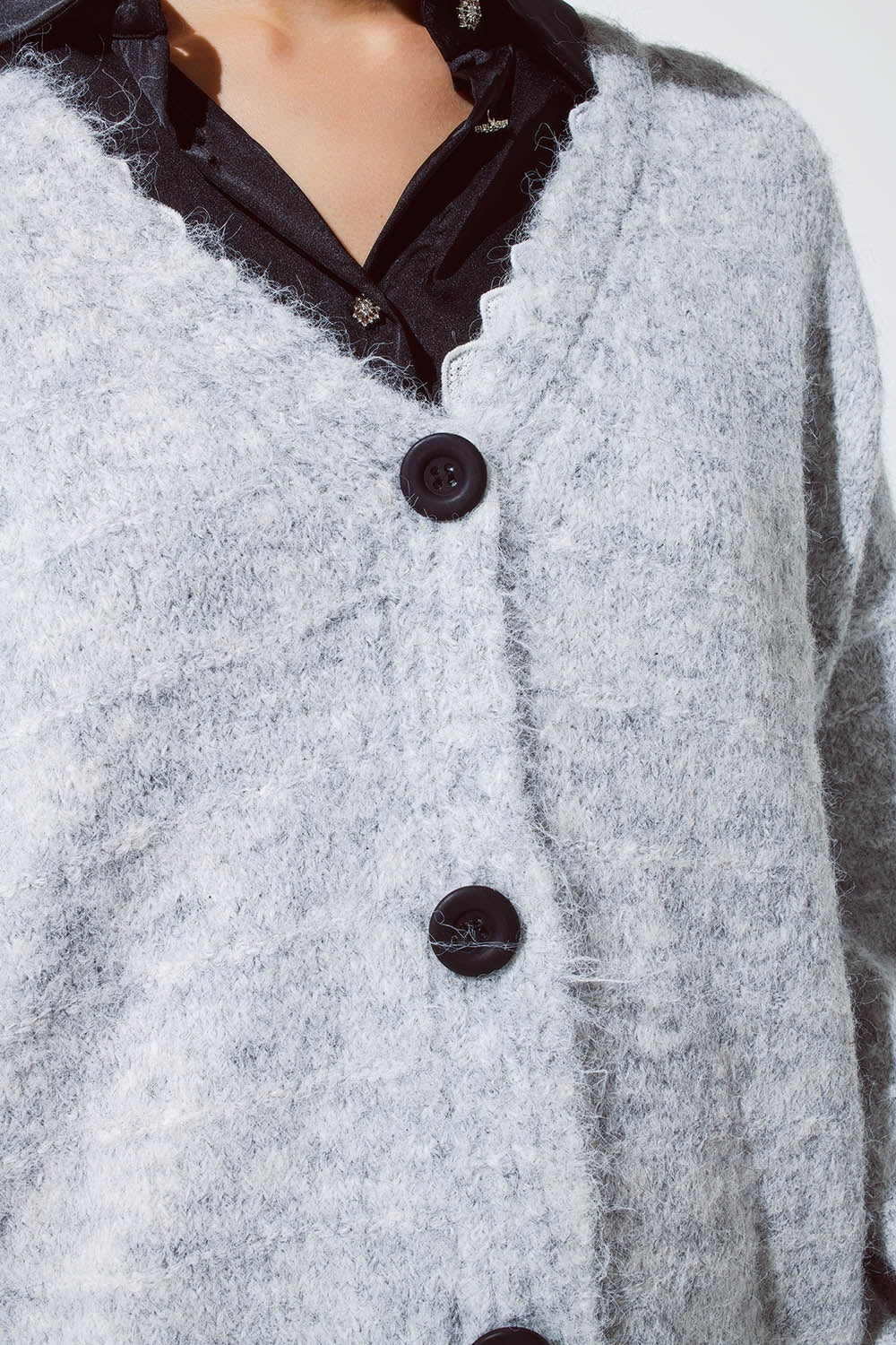 Grey cardigan with a deep V neck with lace detail Q2 Sweaters BoutiqueLua