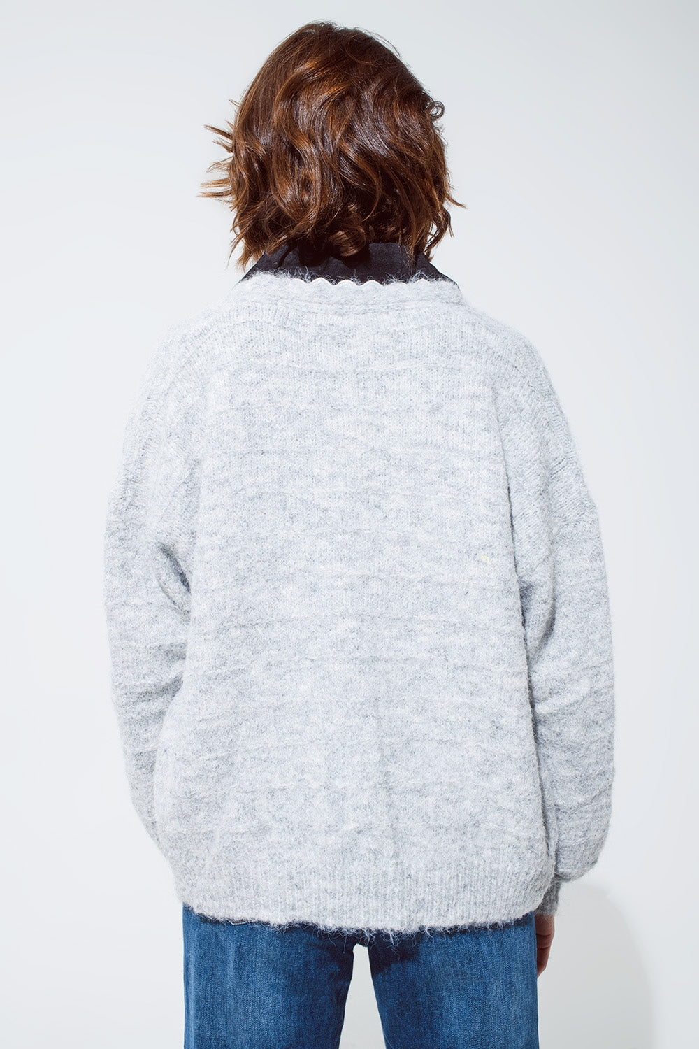 Grey cardigan with a deep V neck with lace detail Q2 Sweaters BoutiqueLua