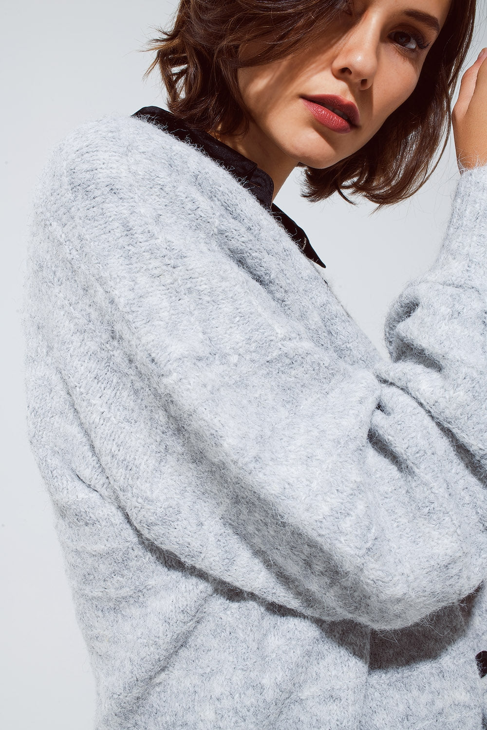 Grey cardigan with a deep V neck with lace detail Q2 Sweaters BoutiqueLua