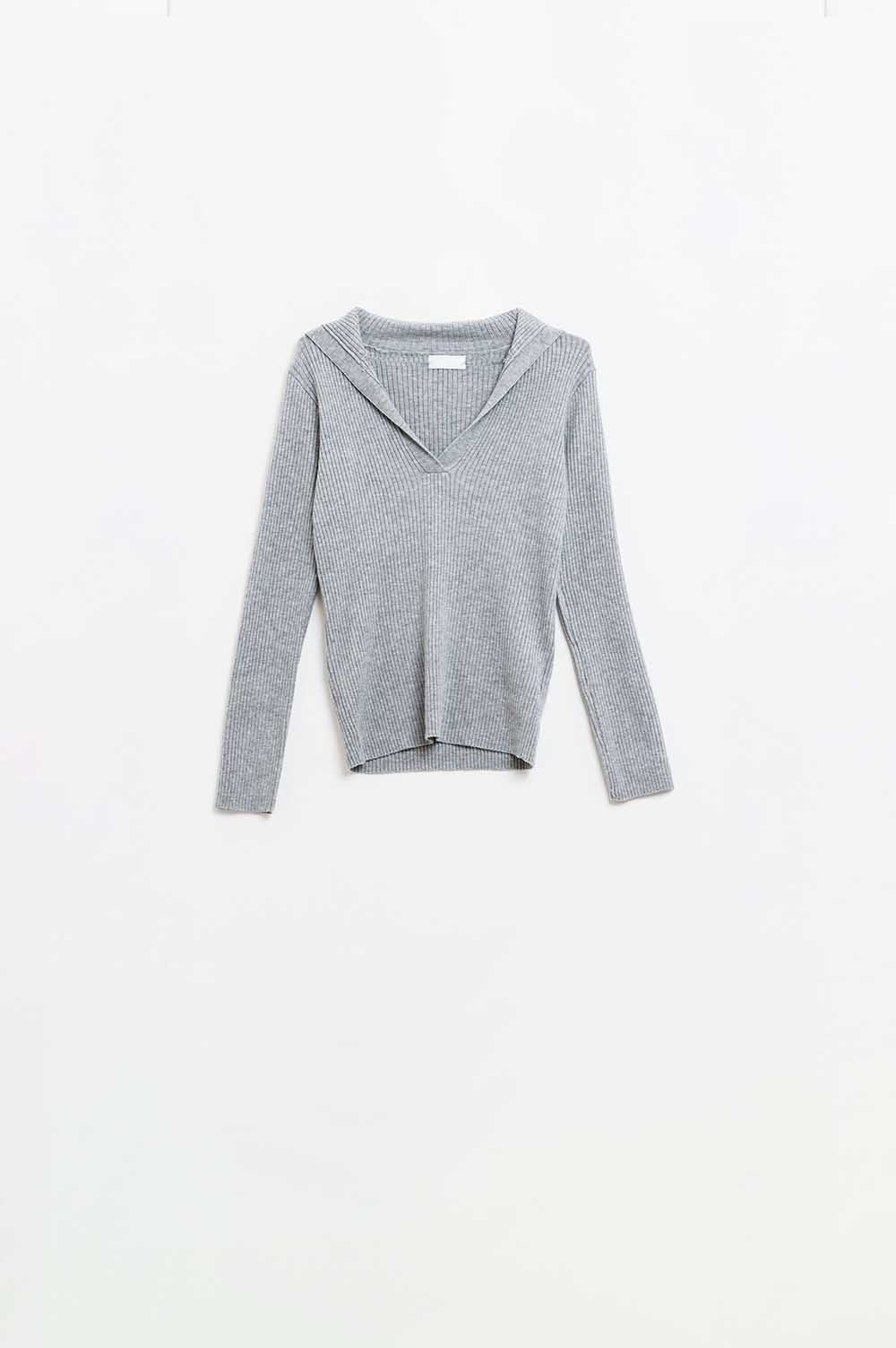 Q2 Grey Collared Rib sweater With Long Sleeves