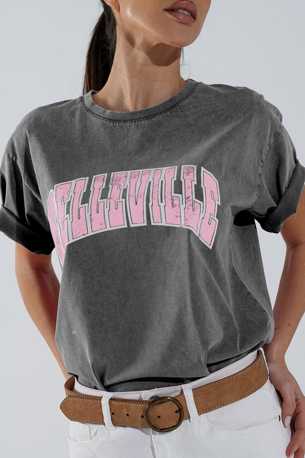 Grey Crew Neck T-shirt With Belleville text - T-Shirts
